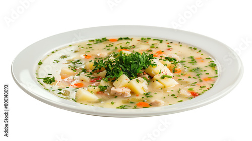 Kartoffelsuppe on plate isolated on white background