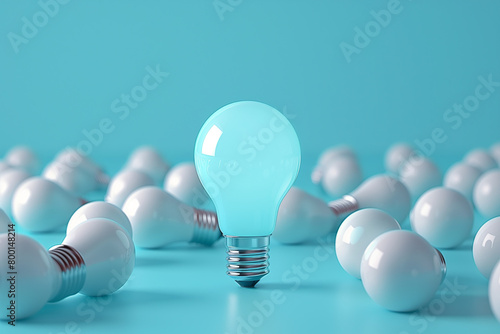 Many light bulbs on a pastel blue background, one light bulb stands out, idea concept, 3d, illustration