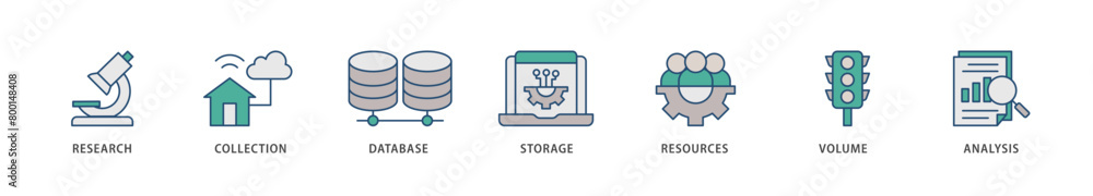 Big data icons set collection illustration of research, collection, database, storage, resources, volume and analysis icon live stroke and easy to edit 