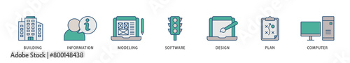 BIM icons set collection illustration of building, information, modeling, software, design, plan, and computer icon live stroke and easy to edit 