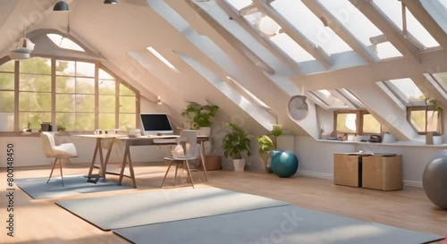 Spacious 3d attic space with large front window and skylights on both sides photo