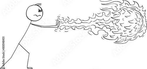 Wizard casts a fire magic or fireball spell, vector cartoon stick figure or character illustration.