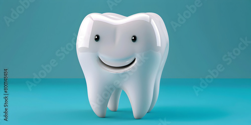 A tooth model stand on blue background and smilling ,Happy smiling white teeth cartoon characters concept of dental health care.