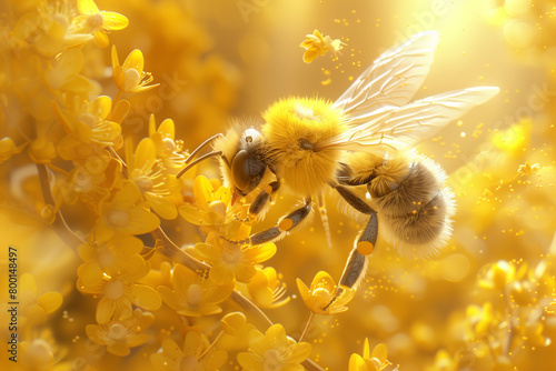 Illustration of a fluffy bee with transparent wings collecting flower pollen against a bright yellow background, 3d, illustration