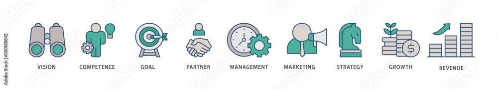 Business model icons set collection illustration of vision, competence, partner, management, marketing, strategy, growth and revenue icon live stroke and easy to edit Business model icons set collection illustration of vision, competence, partner, management, marketing, strategy, growth and revenue icon live stroke and easy to edit