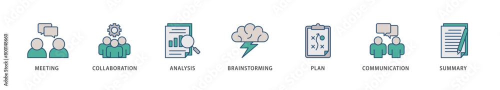 Brief icons set collection illustration of meeting, collaboration, analysis, brainstorming, plan, communication, and summary icon live stroke and easy to edit Brief icons set collection illustration of meeting, collaboration, analysis, brainstorming, plan, communication, and summary icon live stroke and easy to edit