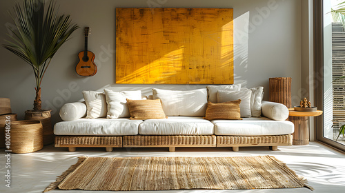 Yellow painting and lamp in modern living room interior with grey corner sofa.