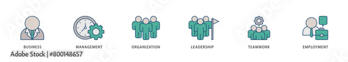 Business management icons set collection illustration of business, management, organization, leadership, teamwork and employment icon live stroke and easy to edit 