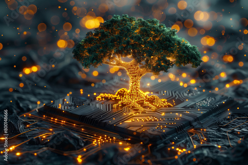 Illustration of beautiful glowing tree or plant growing on cities representing digital technology in studio, 3d, illustration #800148666