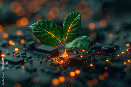 Illustration of beautiful glowing tree or plant growing on cities representing digital technology in studio, 3d, illustration #800149036