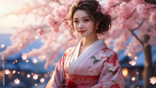 A Japanese girl in front of a cherry blossom tree
