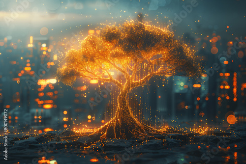 Illustration of beautiful glowing tree or plant growing on cities representing digital technology in studio, 3d, illustration #800149072