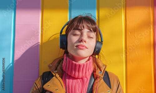 Young woman wearing wireless headphones taking selfie with eyes closed in front of rainbow wall photo