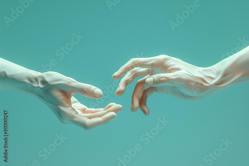 Illustration with two 3D hands, gesture of shaking hands or touching fingers on blue background, 3d render, illustration photo