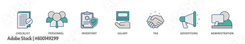 Cost reduction icons set collection illustration of checklist, personnel, inventory, salary, tax, advertising and administration icon live stroke and easy to edit 