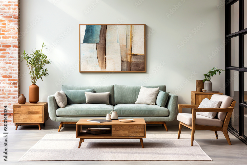 Fototapeta premium Sofa and armchair against wall with poster frame. Scandinavian home interior design of modern living room.