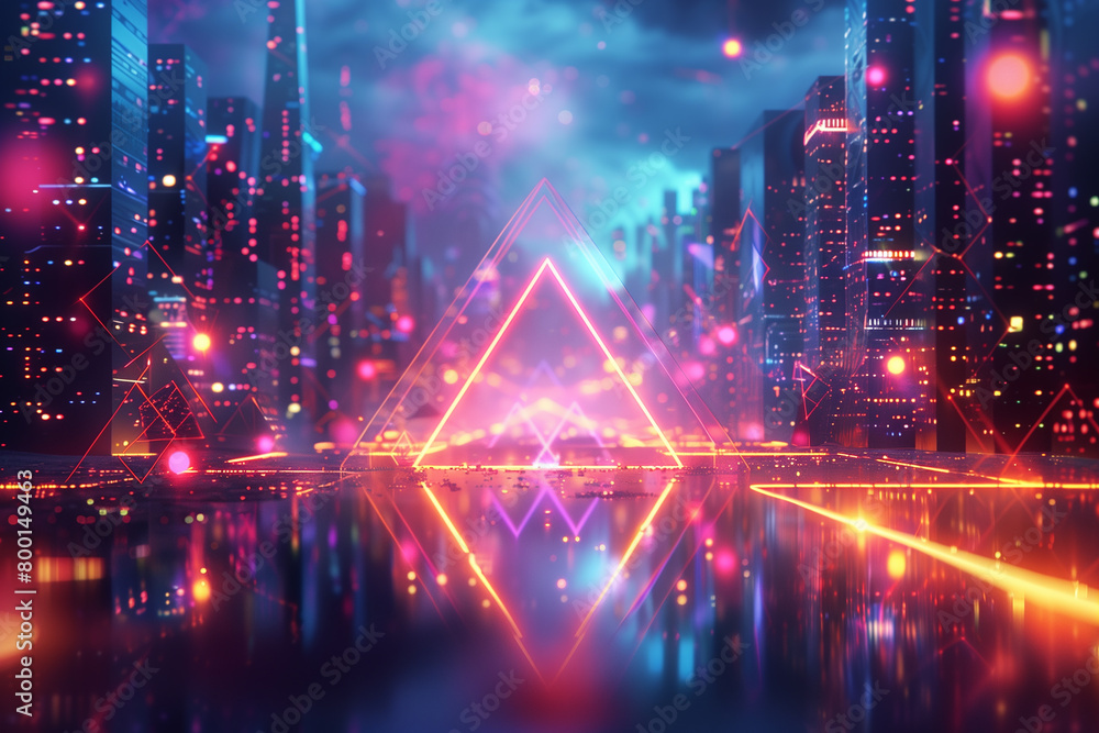 Abstract illustration of geometric shapes and structures in colorful neon colors and lights in cyberspace against dark background, 3d, illustration Abstract illustration of geometric shapes and structures in colorful neon colors and lights in cyberspace against dark background, 3d, illustration
