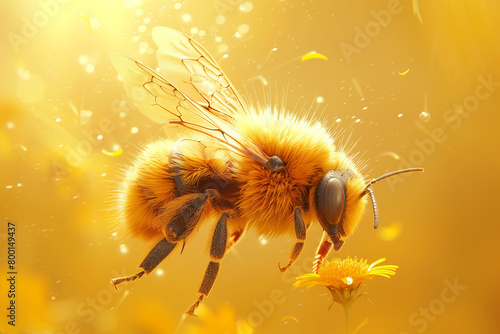 Illustration of a fluffy bee with transparent wings collecting flower pollen against a bright yellow background, 3d, illustration
