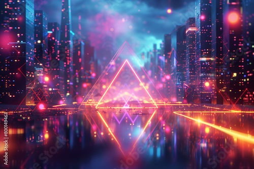 Abstract illustration of geometric shapes and structures in colorful neon colors and lights in cyberspace against dark background, 3d, illustration © Anna
