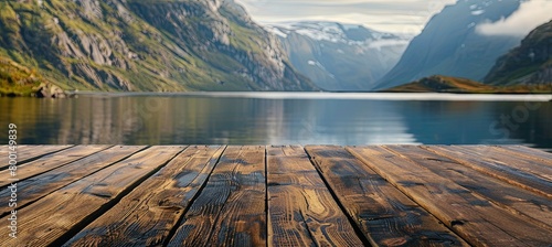 The empty wooden brown table top with blur background of nature landscape photo