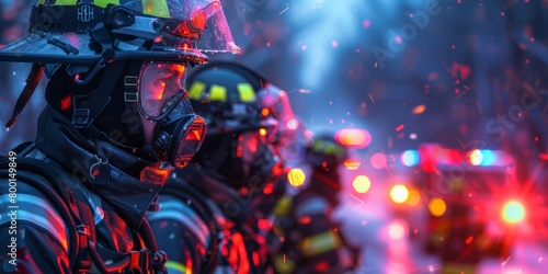 line of determined firefighters in reflective gear with a focus on one looking ahead emergency vehicle lights glowing photo