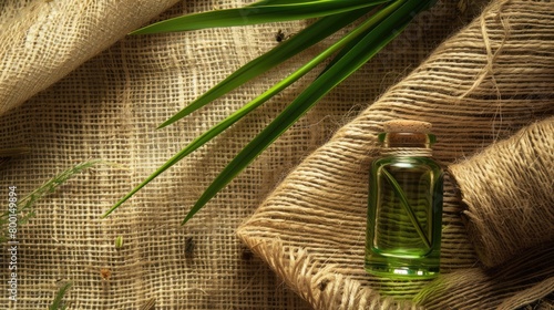 vetiver essential oil on burlap background. selective focus