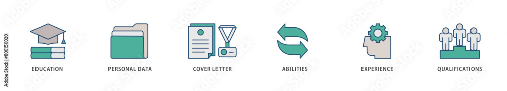Curriculum vitae icons set collection illustration of education, personal data, cover letter, abilities, experience and qualifications icon live stroke and easy to edit Curriculum vitae icons set collection illustration of education, personal data, cover letter, abilities, experience and qualifications icon live stroke and easy to edit