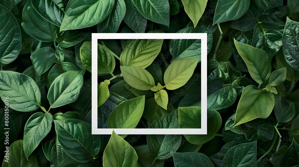 Obraz premium creative layout, green leaves with white square frame, flat lay, for advertising card or invitation