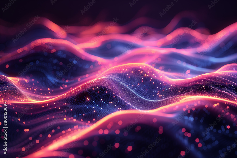 Abstract illustration of pink blue frequency signal waves as particles passing in medium on a dark background, 3d, illustration Abstract illustration of pink blue frequency signal waves as particles passing in medium on a dark background, 3d, illustration