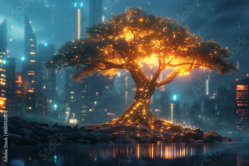 Illustration of beautiful glowing tree or plant growing on cities representing digital technology in studio, 3d, illustration #800150075
