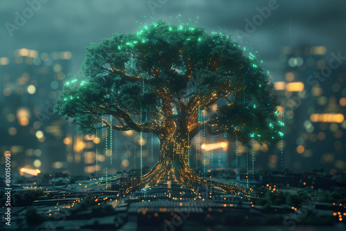 Illustration of beautiful glowing tree or plant growing on cities representing digital technology in studio, 3d, illustration #800150093