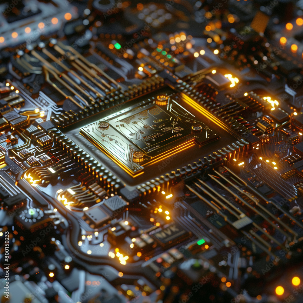 Illuminated microchip on a circuit board with electronic components. Illuminated microchip on a circuit board with electronic components.