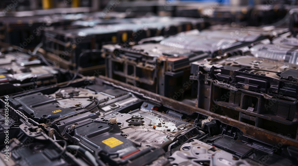 Disassembled electronic devices piled in a factory setting.