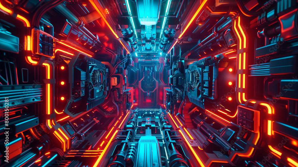 Futuristic corridor with glowing neon lights and high-tech walls. Futuristic corridor with glowing neon lights and high-tech walls.