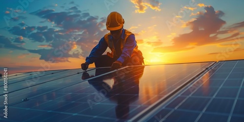 male worker in protective helmet and uniform working on roof with solar panels against sunset sky photo