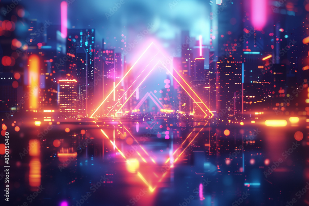 Abstract illustration of geometric shapes and structures in colorful neon colors and lights in cyberspace against dark background, 3d, illustration Abstract illustration of geometric shapes and structures in colorful neon colors and lights in cyberspace against dark background, 3d, illustration