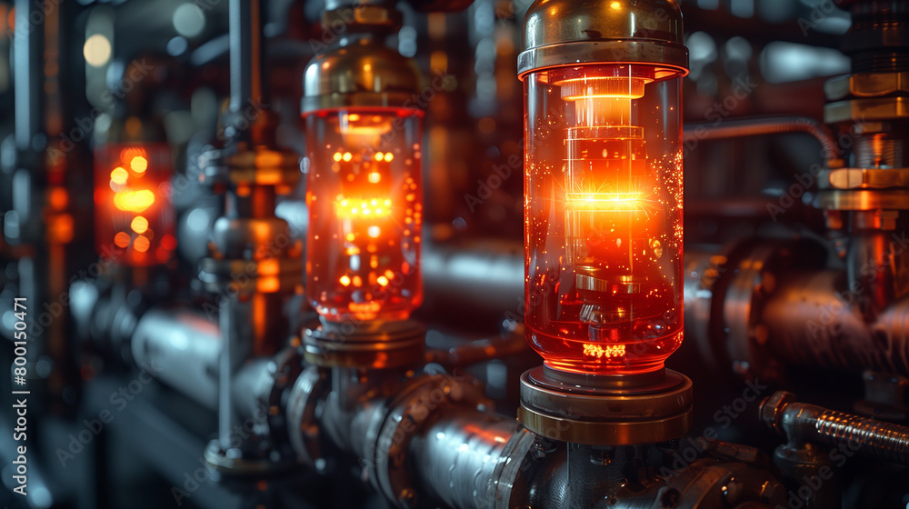 Illuminated industrial pipes and valves with glowing lights. Illuminated industrial pipes and valves with glowing lights.