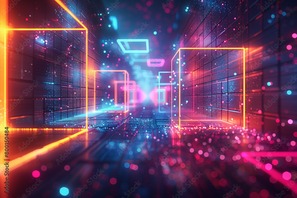 Obraz premium Abstract illustration of geometric shapes and structures in colorful neon colors and lights in cyberspace against dark background, 3d, illustration
