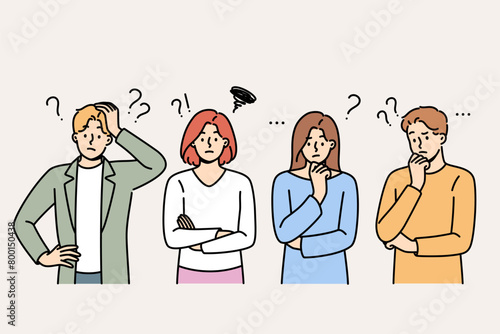 Confused people have learned unpleasant news are thinking about how to resolve issue. Confused guys and girls scratch chins or back of heads after receiving information about tax increases