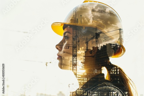 A Side portrait of a young female engineer with a ponytail wears yellow safety hard helmet with double exposure of construction and technology system on face, isolated on white background.