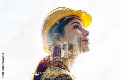 A Side portrait of a young female engineer with a ponytail wears yellow safety hard helmet with double exposure of construction and technology system on face, isolated on white background. photo