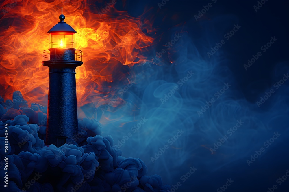 Mystical Lighthouse Illuminating Through Dense Smoke on Dark Night