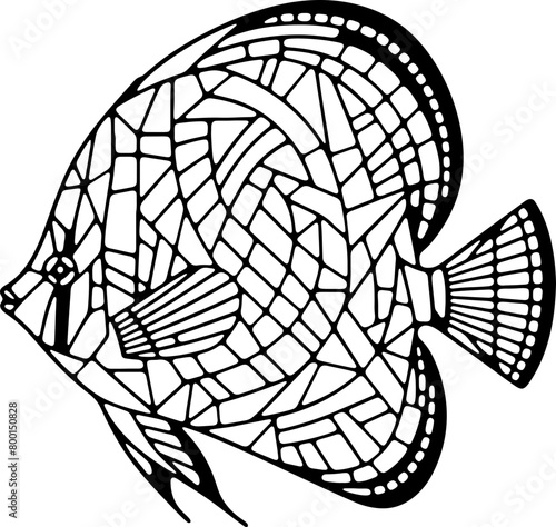 Animal mandala poisson dessin animé style cartoon pour page ou livre de coloriage pour enfant. Isolé du fond, dessin au trait noir totalement transparent et prêt a colorier et ajuster