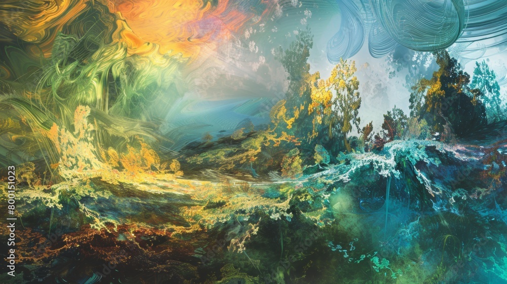 Fototapeta premium Scenic Nature Painting: A panoramic view captures a cave painting amidst lush landscapes, with elements of water, trees, sky, and vibrant seasons