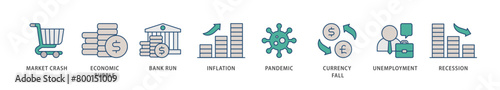 Economic crisis icons set collection illustration of recession, unemployment, inflation, currency fall, pandemic, bank run icon live stroke and easy to edit 