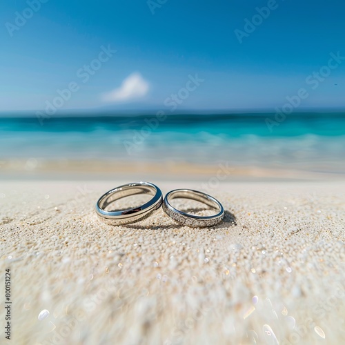 Wedding rings resting on white sandy beach near aquq blue ocean