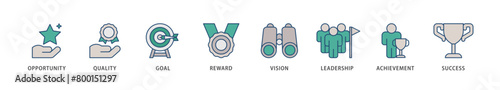 Encourage icons set collection illustration of opportunity, quality, goal, reward, vision, leadership, achievement, success icon live stroke and easy to edit  photo