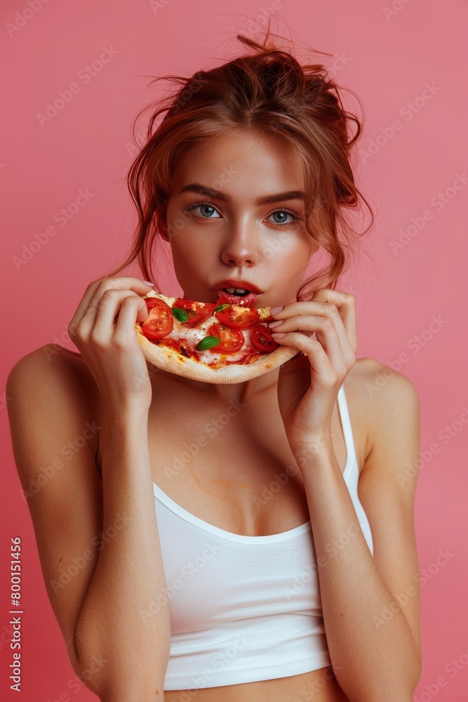 Woman delightfully eating pizza on soft pastel background with room for text placement