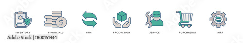 ERP icons set collection illustration of inventory, financials, hrm, production, service, purchasing, and mrp icon live stroke and easy to edit 