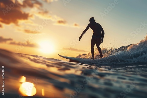 Skilled professional surfer riding waves gracefully on a surfboard in thrilling ocean action photo